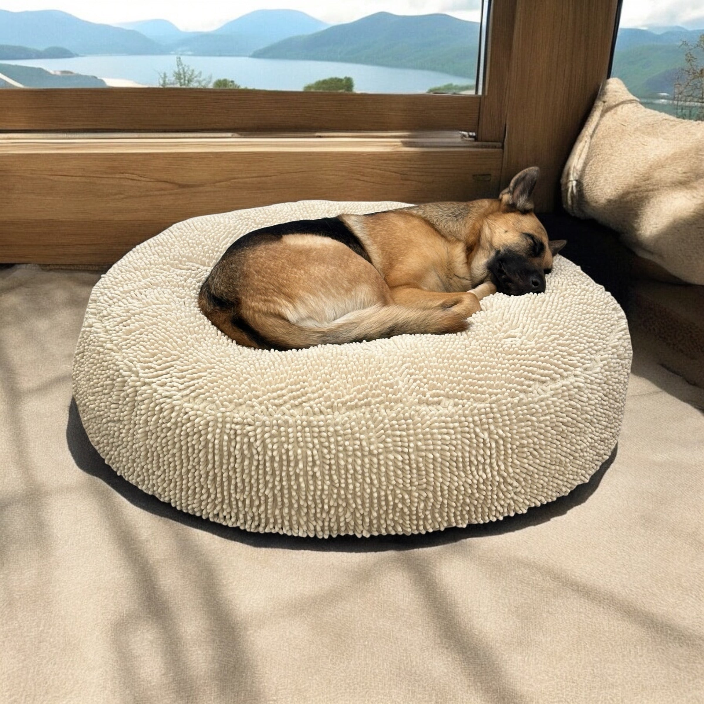 Large Snoozy Bed - Calming Orthopedic Donut Dog Bed (Cream Towel)