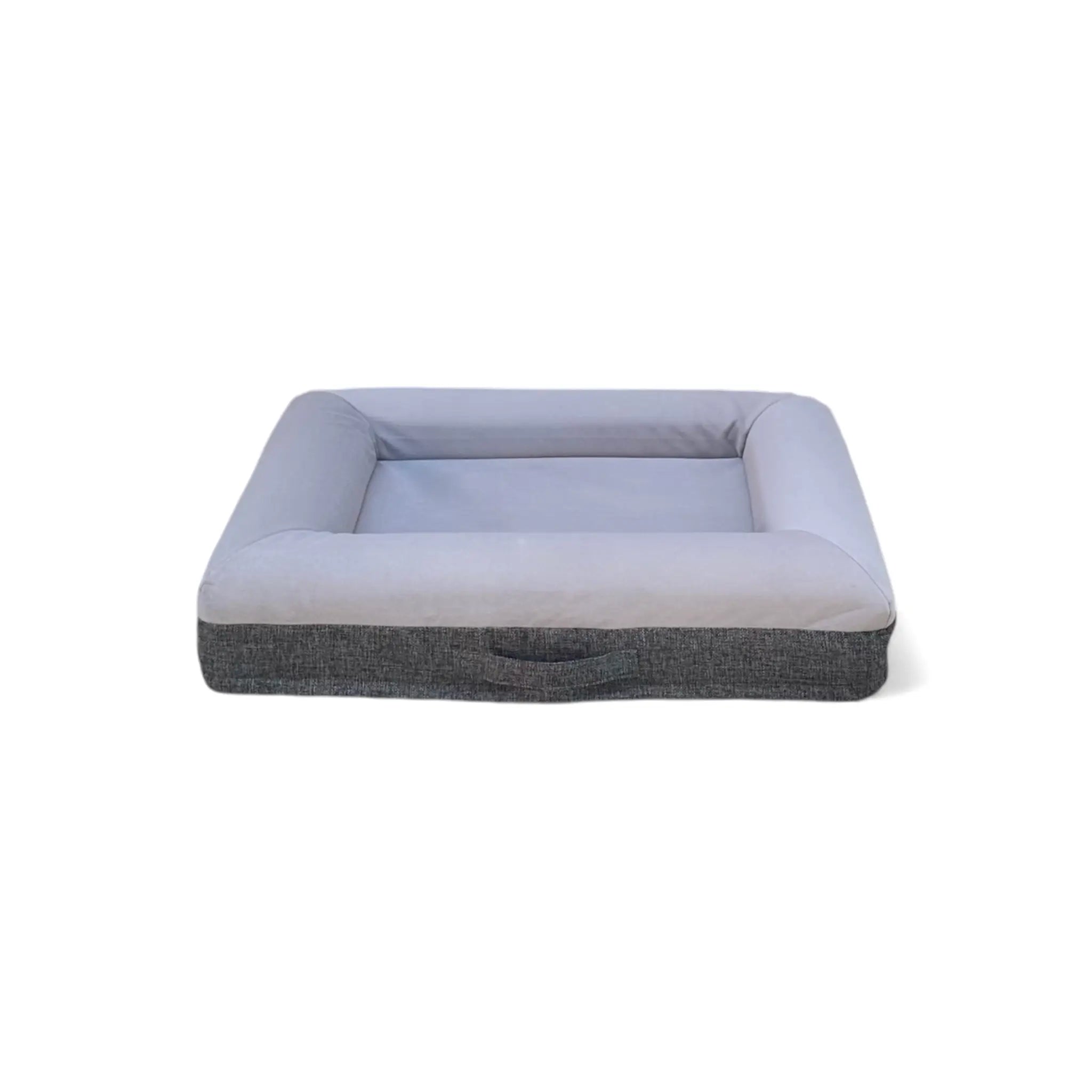 Back of a small gray orthopedic dog bed with a handle.